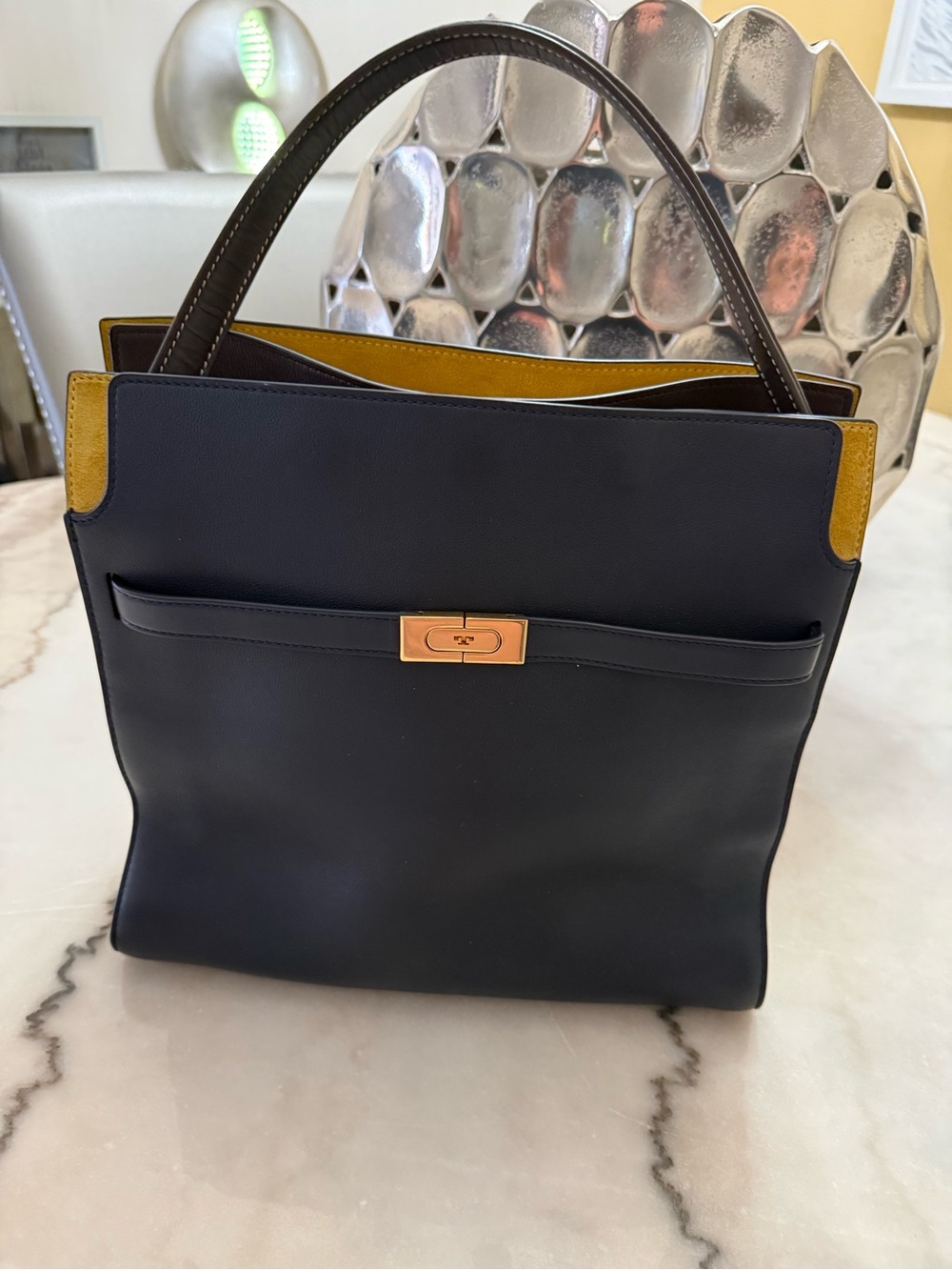 Tory Burch Women’s Navy Leather Tote with Mustard Accents